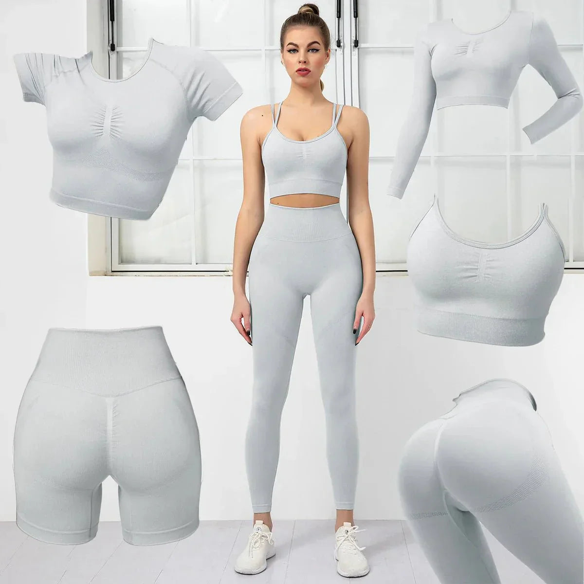 PilatessEmpower Women's Yoga Set - 5-Piece, Seamless Sports Bra, Long Sleeve Top, Scrunch Leggings