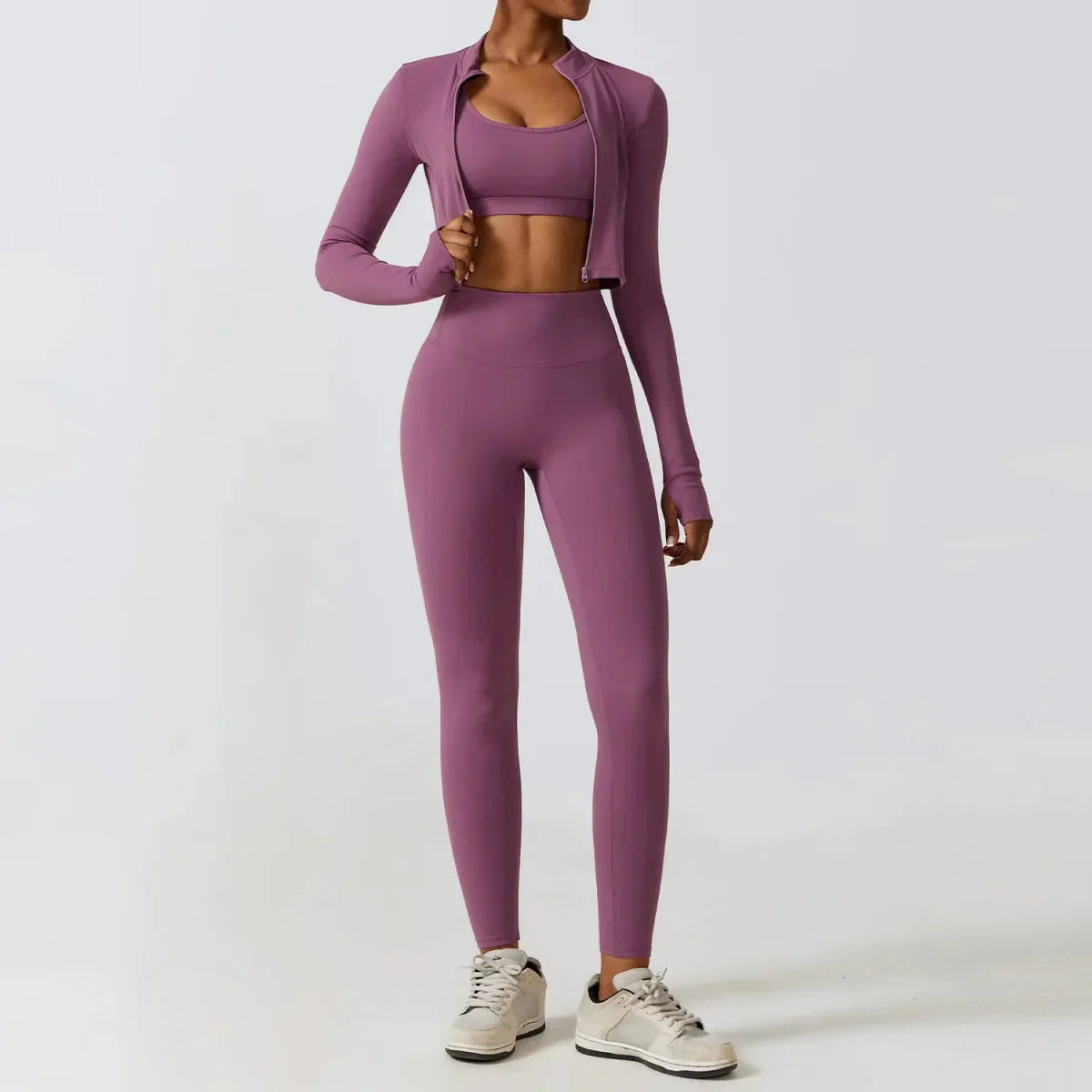 PilatessEmpower Women's Workout Sets: Crop Jacket, Yoga Leggings & Sports Bra