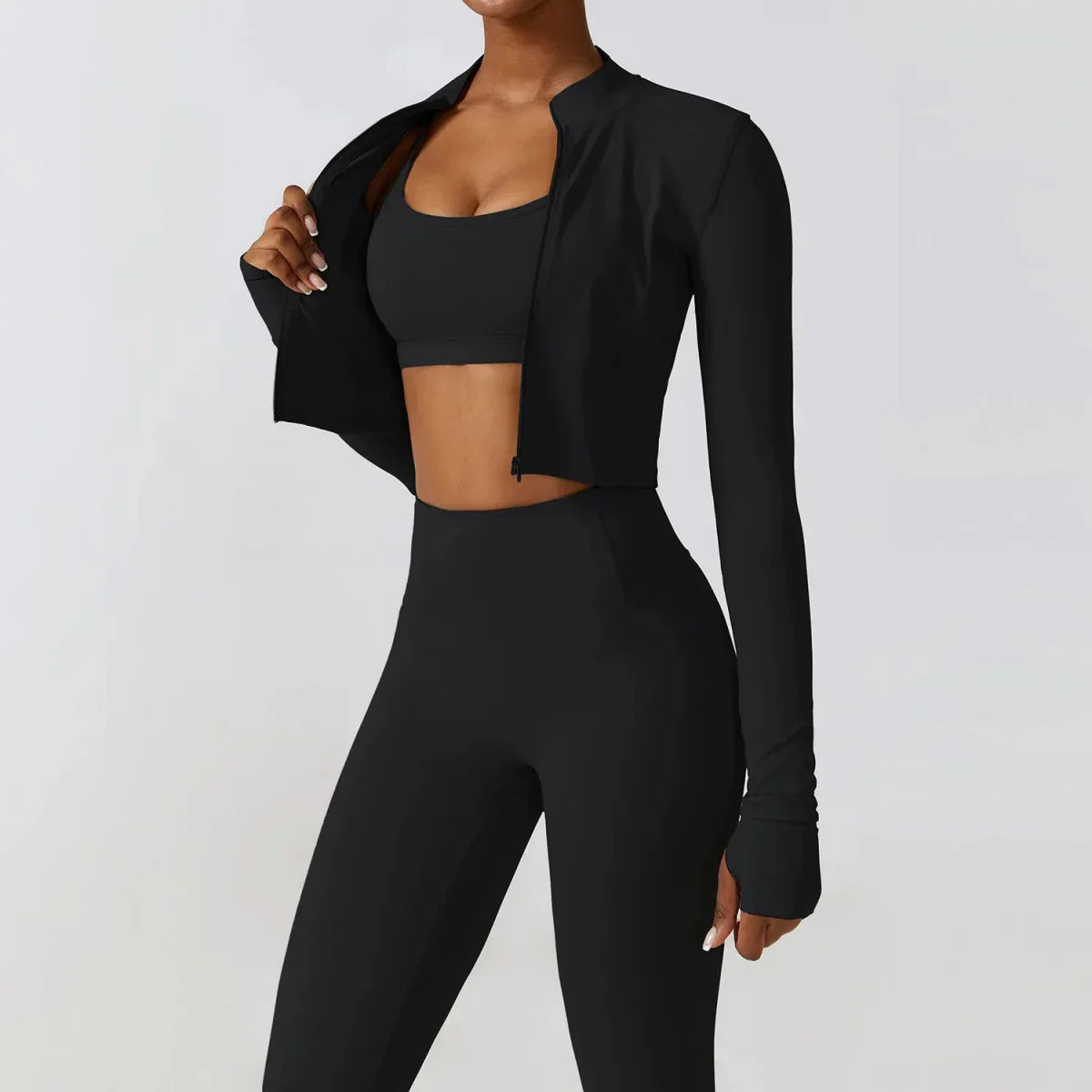 PilatessEmpower Women's Workout Sets: Crop Jacket, Yoga Leggings & Sports Bra