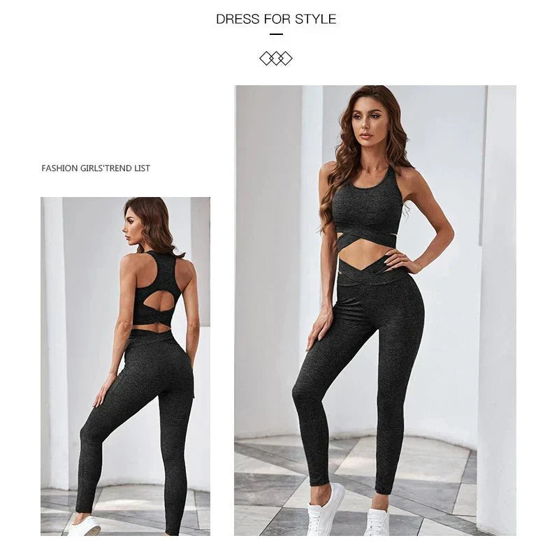 PilatessEmpower High-Waist Leggings and Sports Bra 2-Piece Set - Seamless Activewear for Enhanced Comfort and Support