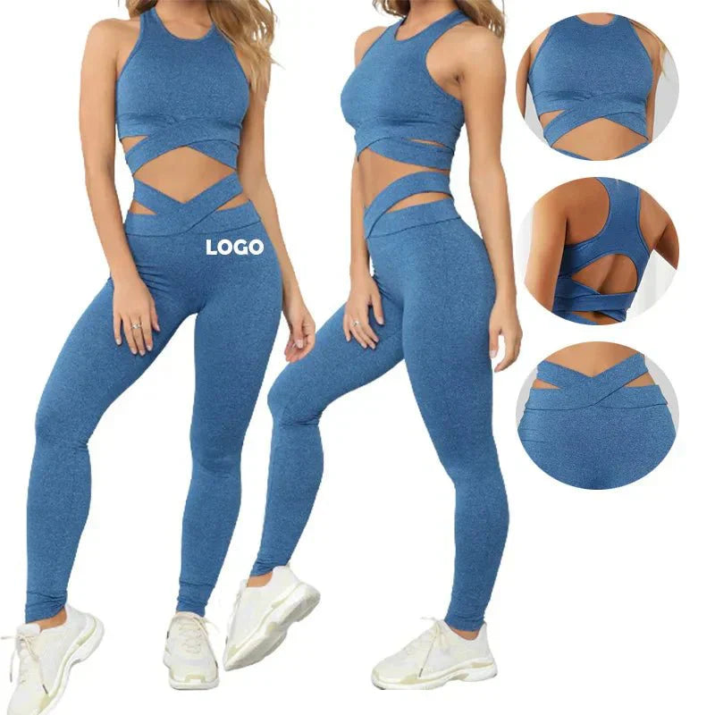 PilatessEmpower High-Waist Leggings and Sports Bra 2-Piece Set - Seamless Activewear for Enhanced Comfort and Support