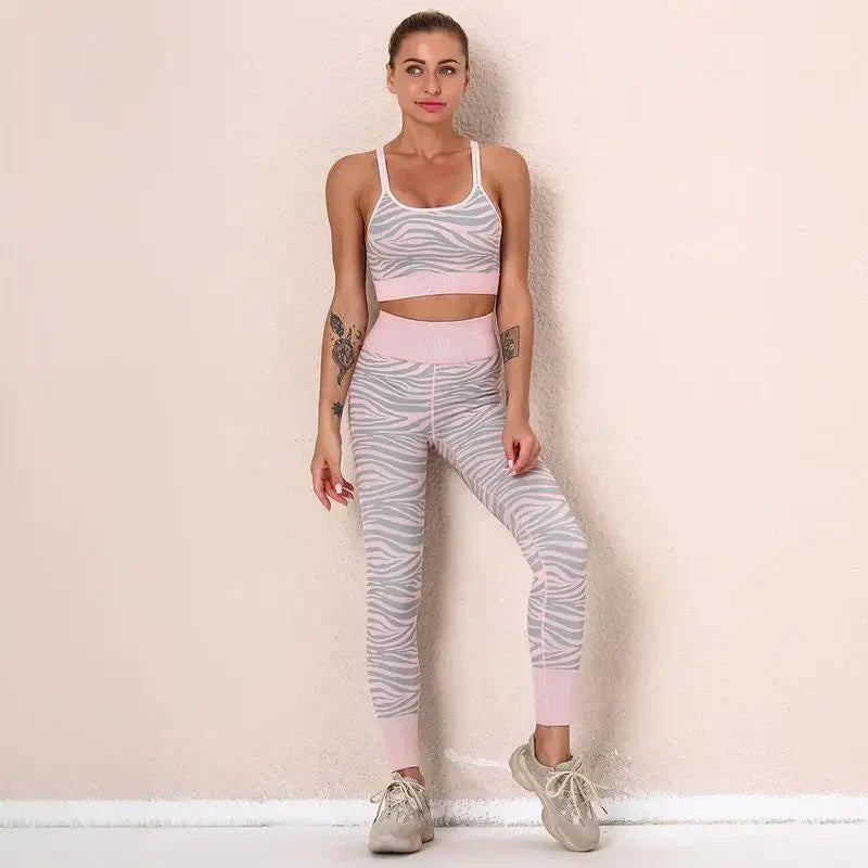 Woman tiger Stripe Print Seamless Bra Gym/Yoga Leggings Fitness Workout Set - Allen - Fitness